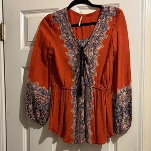 Free People Women's Orange and Blue Bohemian Top
